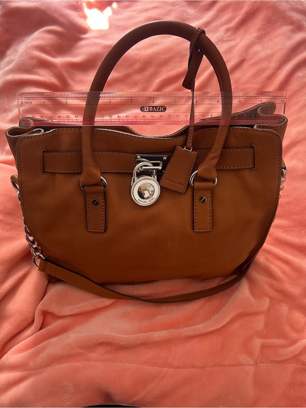 Michael Kors Cognac Leather Satchel with Silver Lock Charm